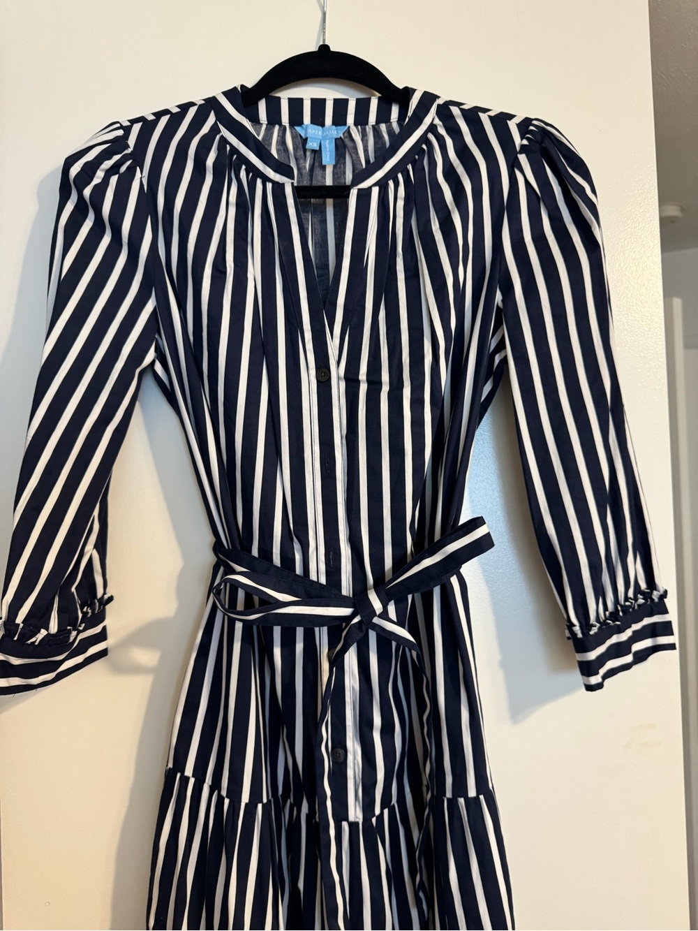 Draper James Navy and White Vertical Stripe Tiered Shirt Dress - Picture 2 of 6